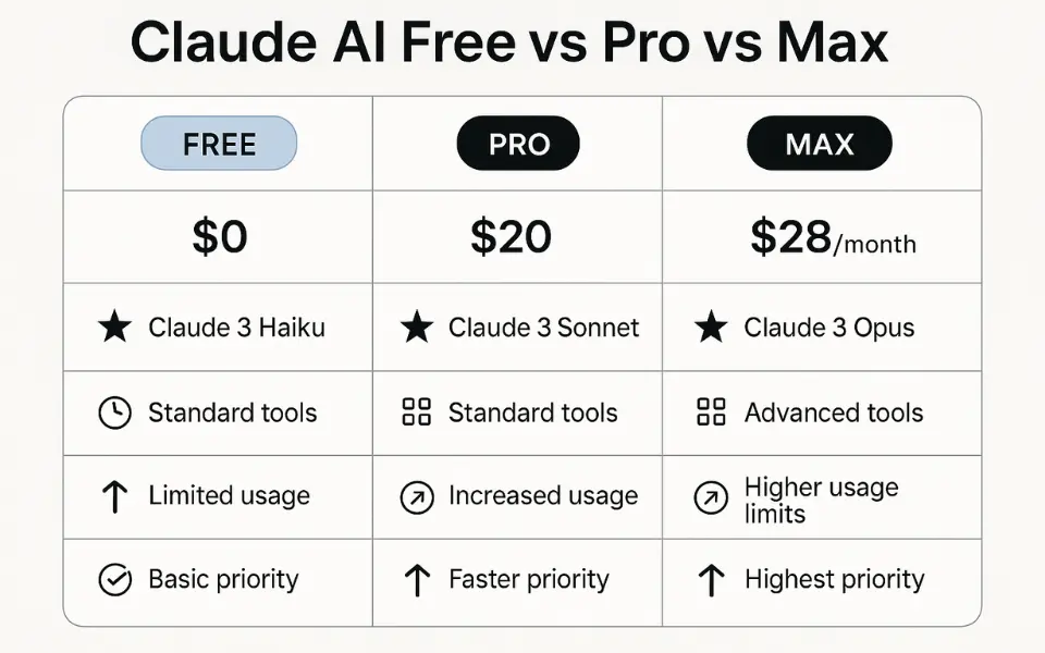 Claude AI Free vs Pro vs Max